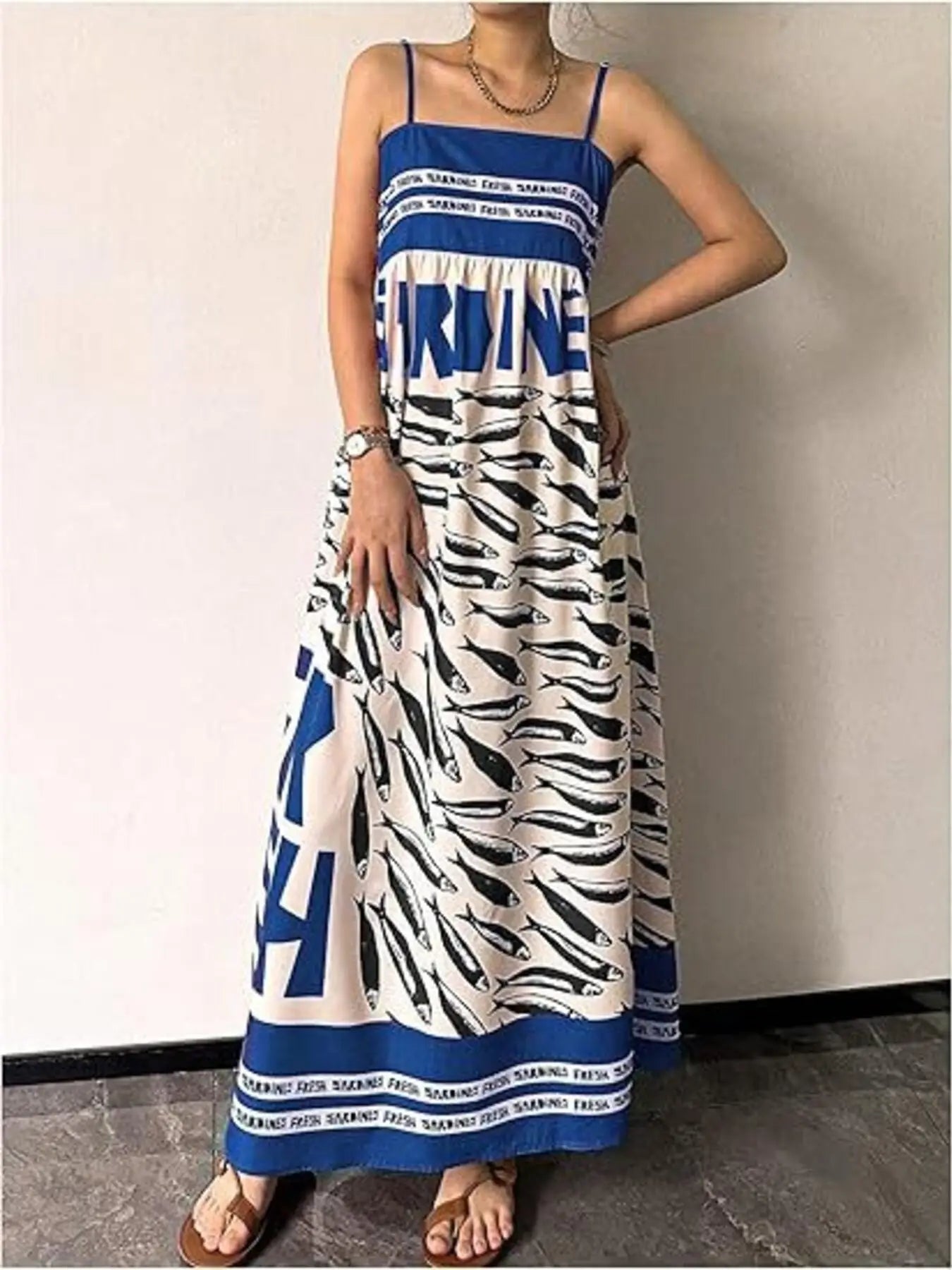 Sardine Print Spaghetti Strap Maxi Dress Trendsi