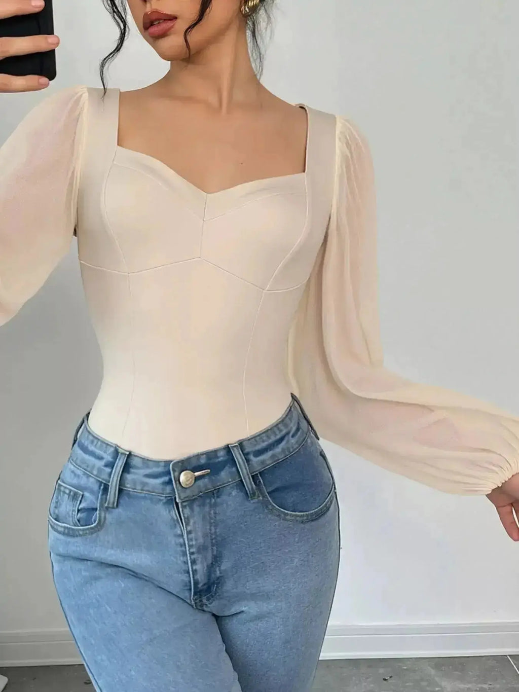 Sweetheart Neck Balloon Sleeve Bodysuit by Parfymia