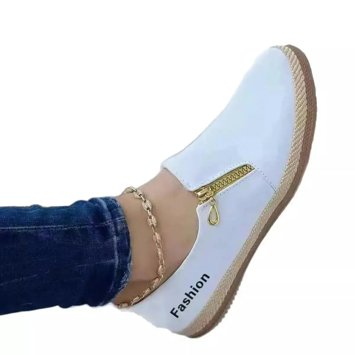 PU Leather Round Toe Slip-On Loafers with Zip Detail by Parfymia