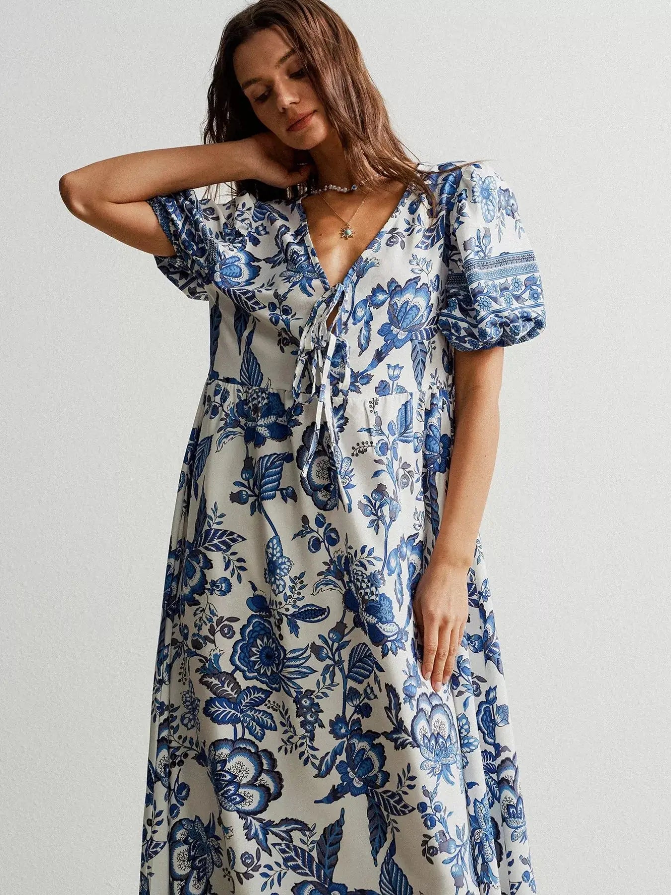 Floral Print Tie-Neck Puff Sleeve Maxi Dress Trendsi