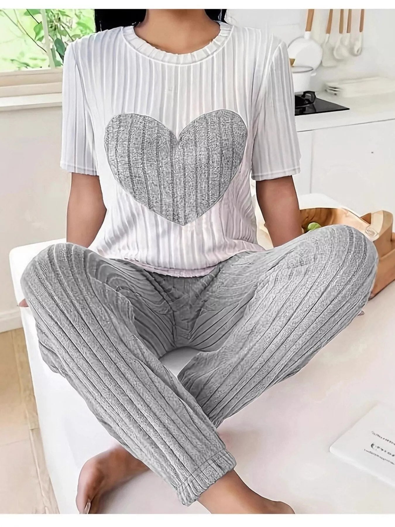 Women's Loungewear Heart Ribbed Knit Set