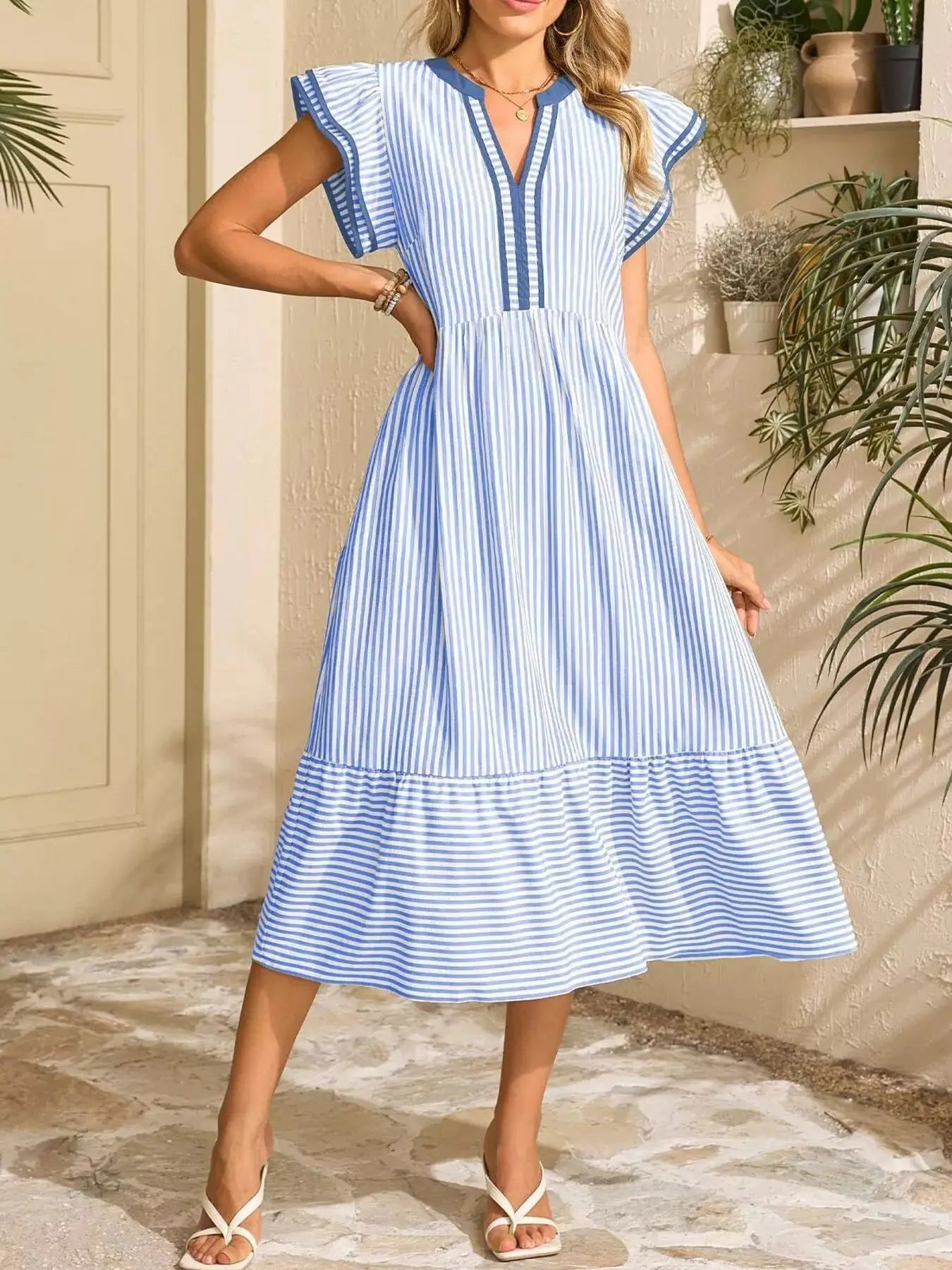 Striped Notched Ruffle Sleeve Dress Trendsi
