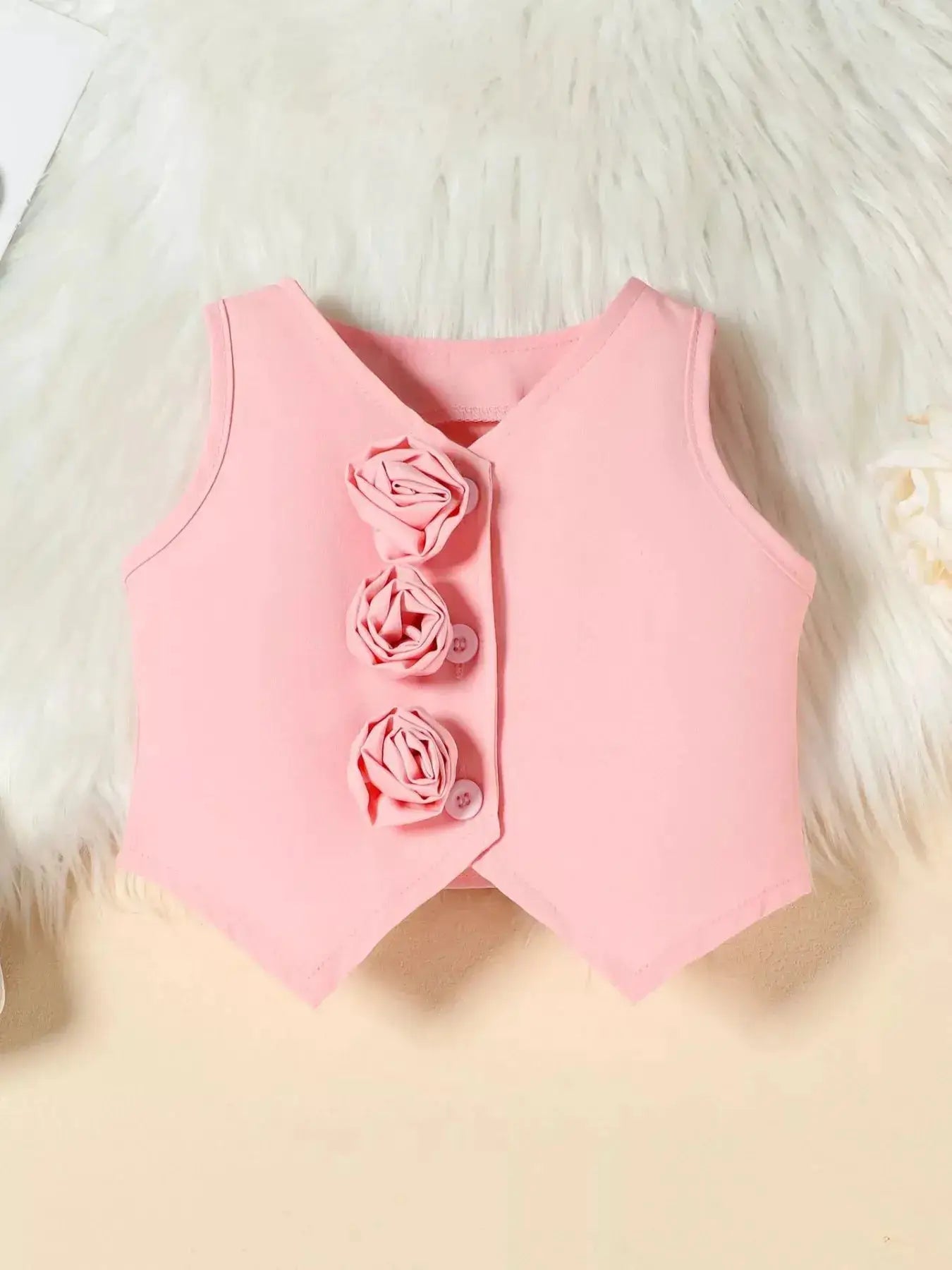 Girls Pink Floral Vest And Pleated Skirt Set With Rose Embellishments — Parfymia