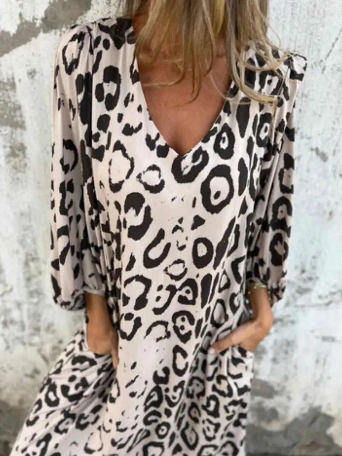 Full Size Printed V-Neck Dress with Pockets Plus Size Trendsi