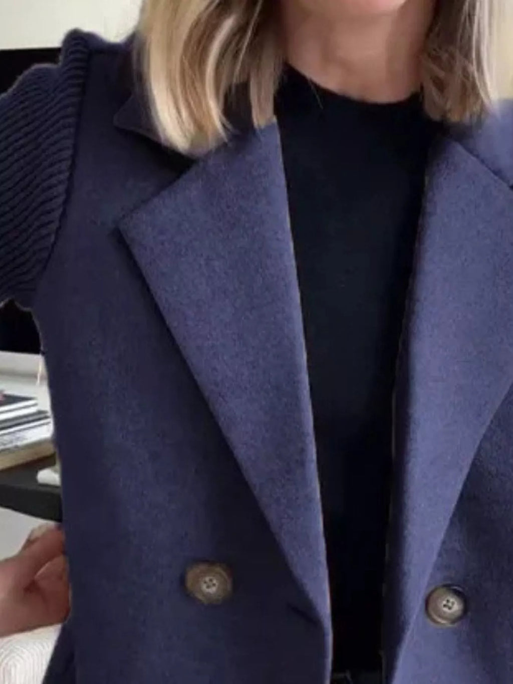 Women's Double-Breasted Jacket with Knit Sleeves