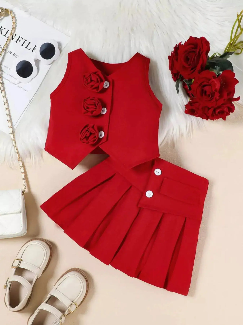 Girls Pink Floral Vest And Pleated Skirt Set With Rose Embellishments — Parfymia