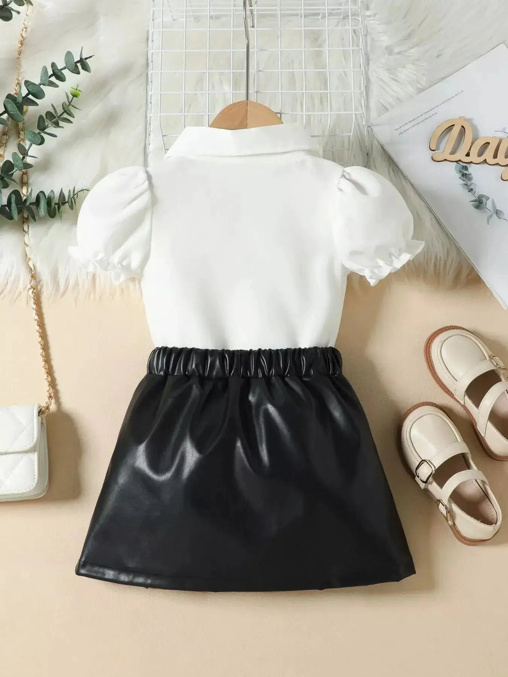 Girls White Puff Sleeve Ruffle Button Top With Black Pleated Skirt Set — Parfymia