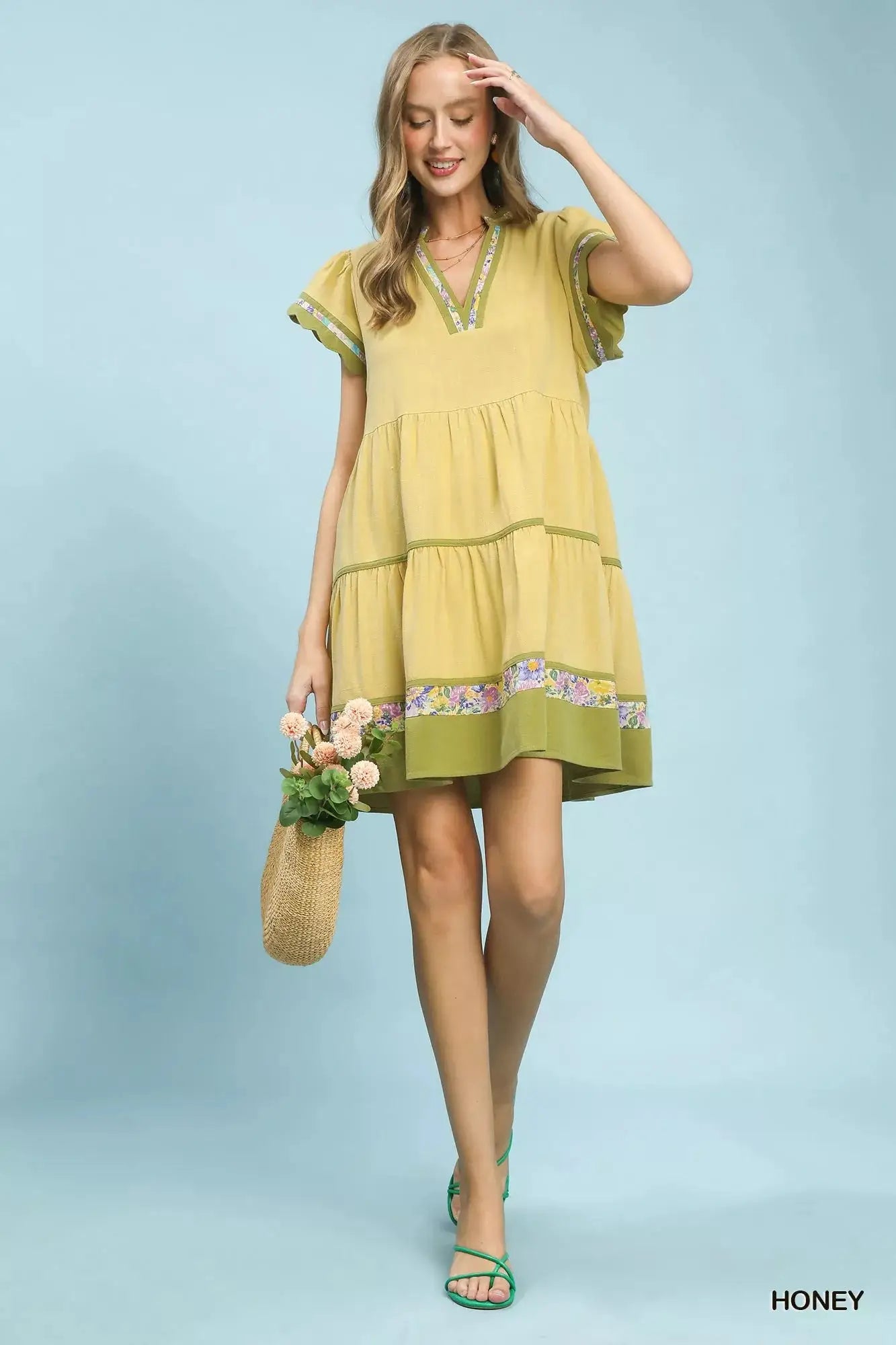 Umgee Linen Tiered Flutter Sleeve Dress with Floral Trim Trendsi