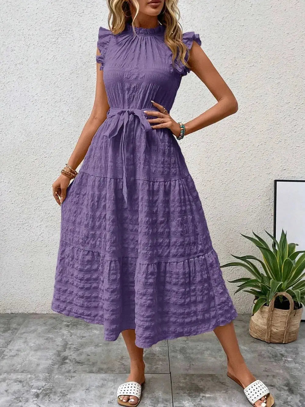 Tied Ruffled Cap Sleeve Midi Dress Trendsi