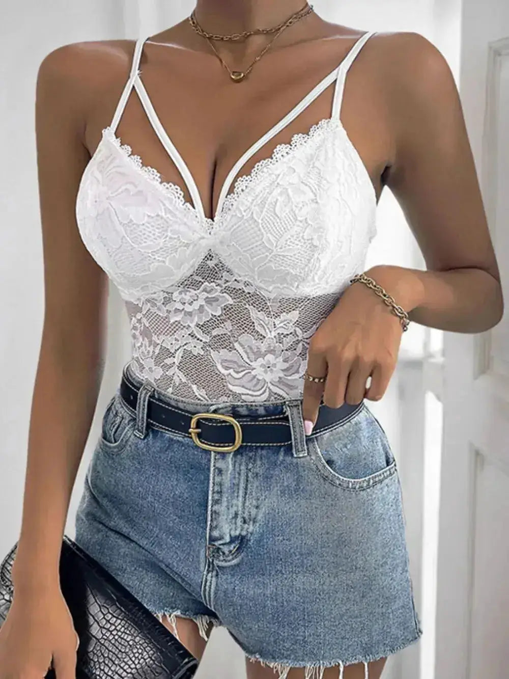 Perfee Spaghetti Strap Lace Bodysuit by Parfymia