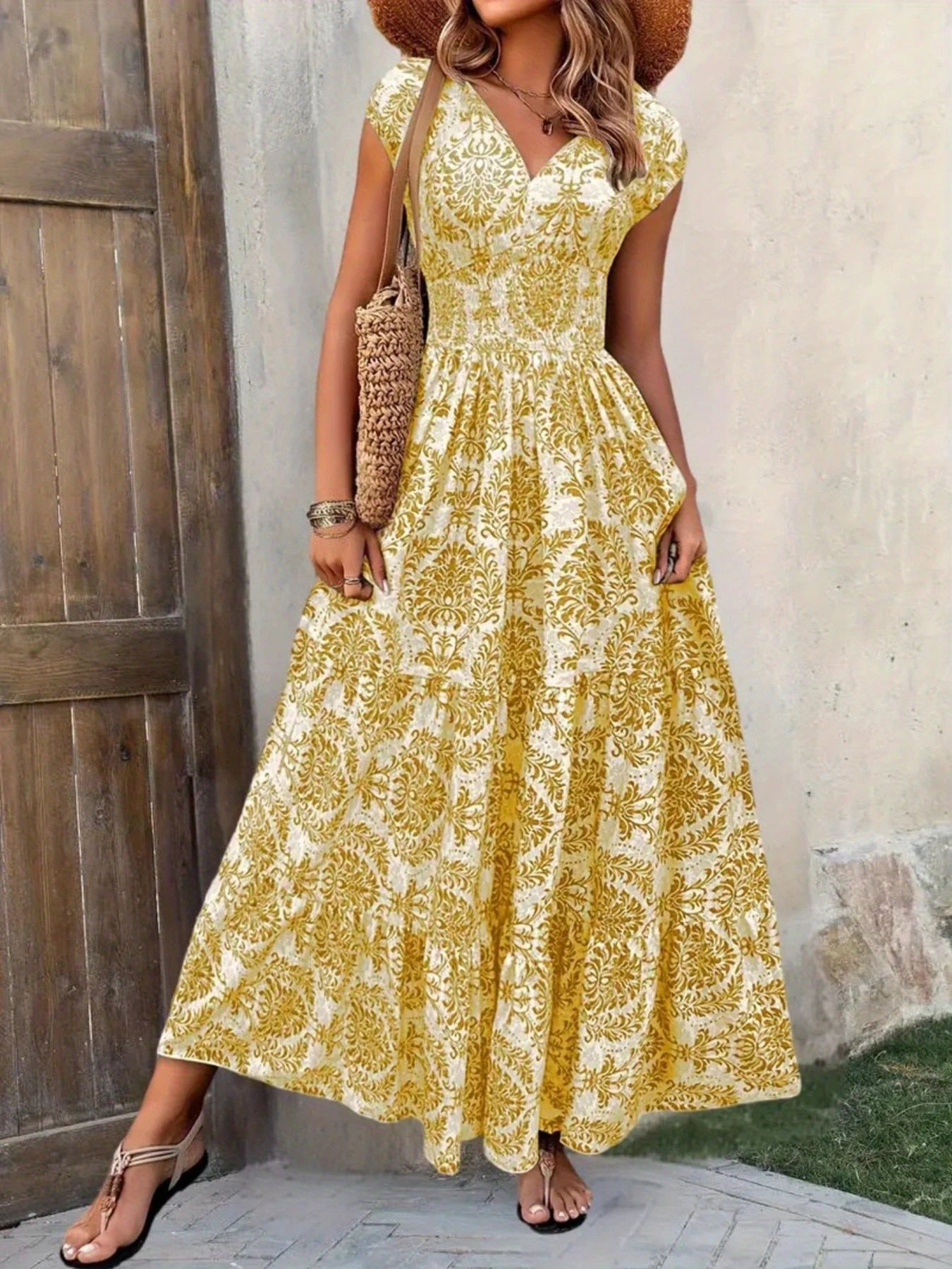 Printed Cap Sleeve Maxi Dress Trendsi