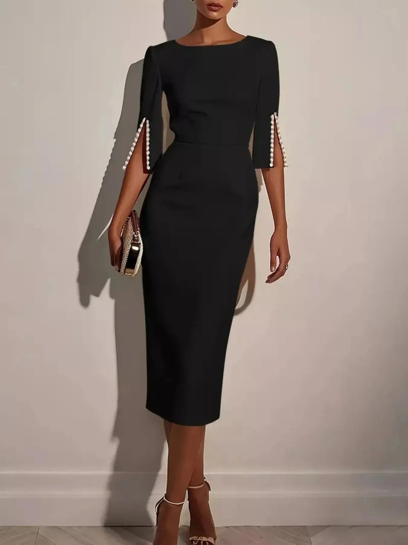 Slim-Fit Elegant Midi Dress with Beaded Slit Sleeve Trendsi