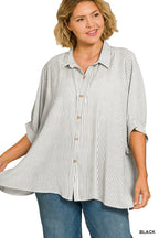 Zenana Full Size Woven Stripe Button Down Boxy Shirt Plus Size