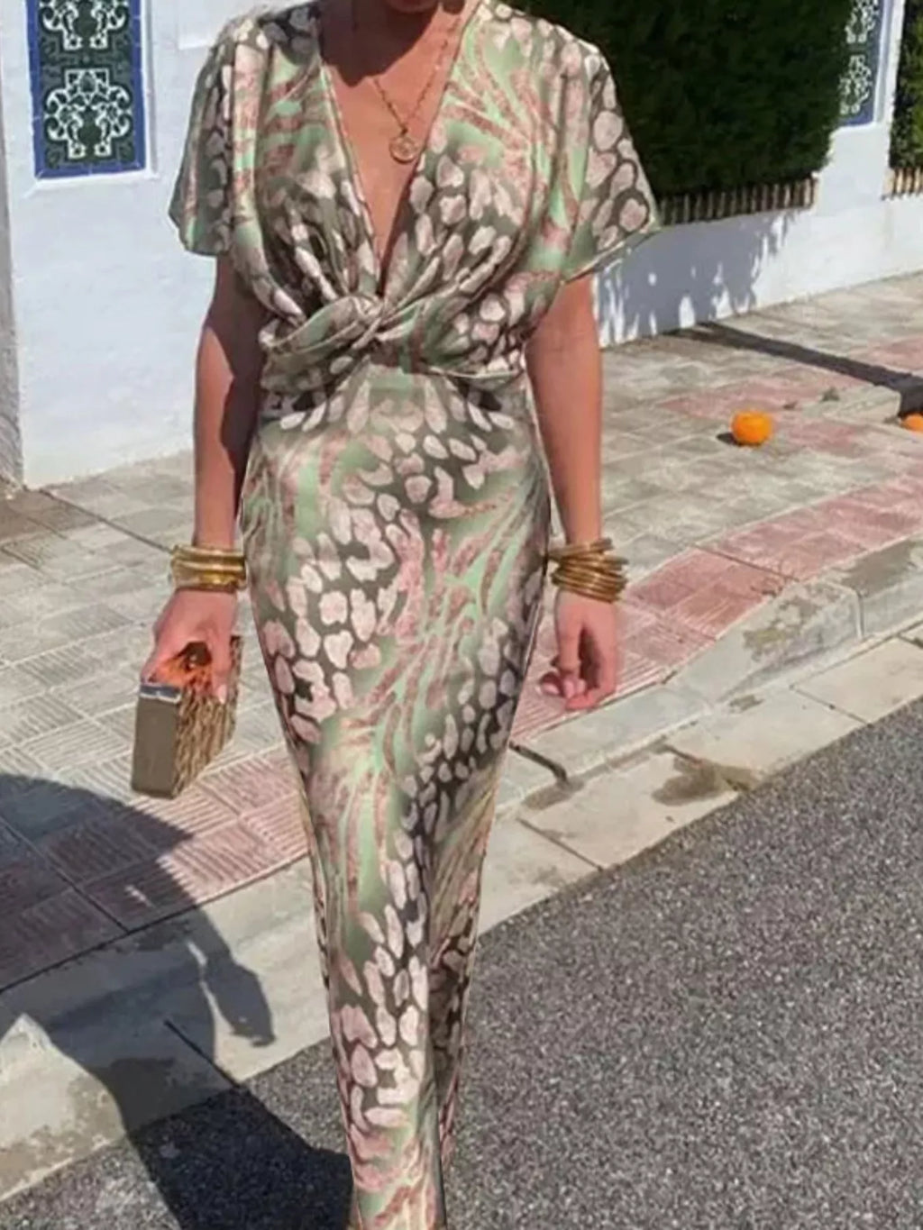 Women's Maxi Dress – Twist-Front Animal Print