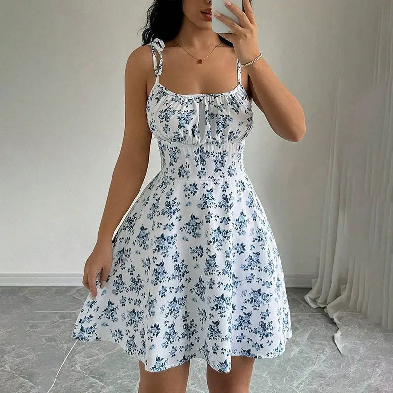 Floral Print Summer Dress – A-Line Waist-Trimming Women's Casual Dress Dropshipman