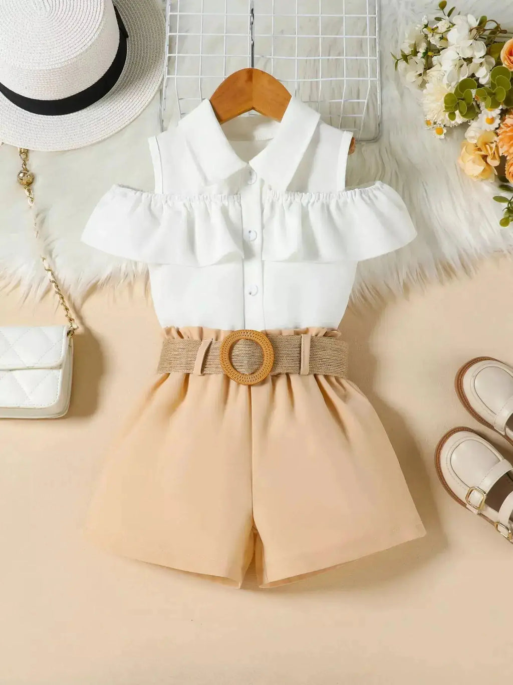Girls White Ruffle Cold Shoulder Top and Shorts Set with Belt — Parfymia