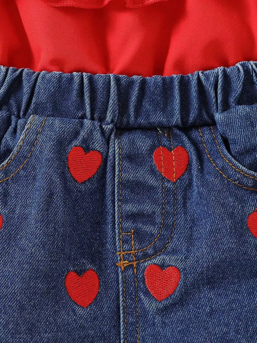 Children's Ruffled Top & Heart Embroidered Denim Shorts Set by Trendsi