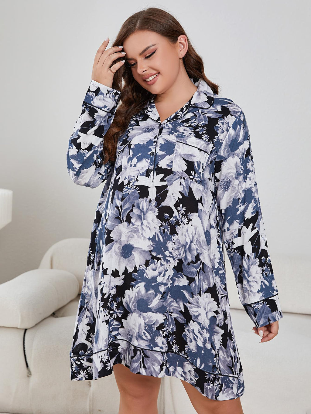 Women's Plus Size Floral Lapel Night Dress