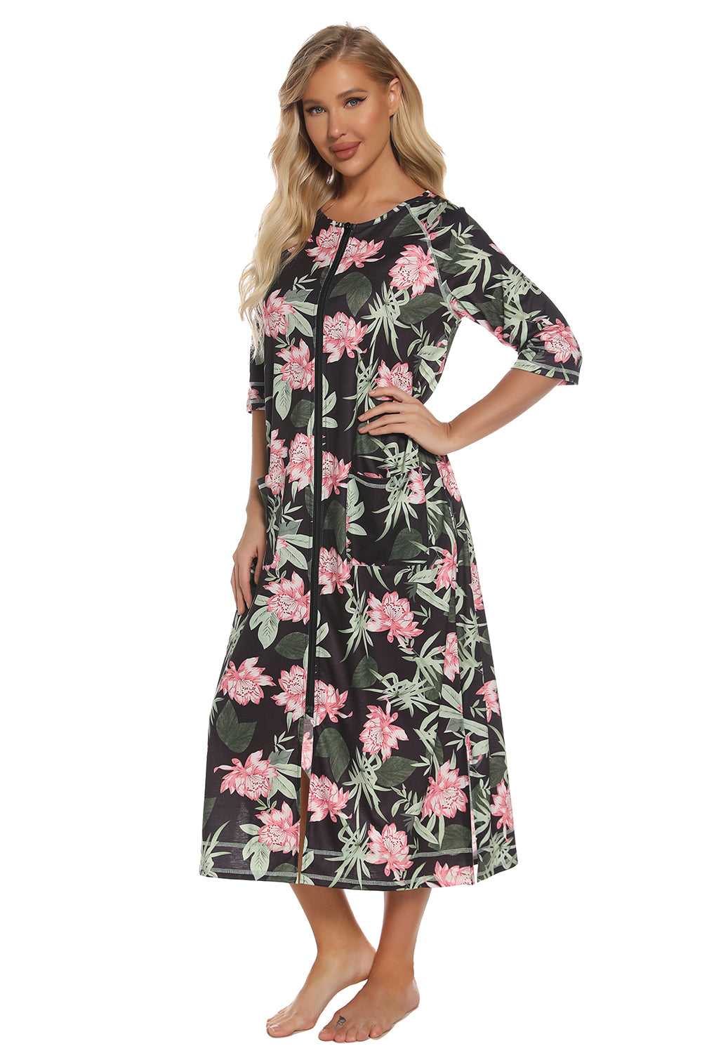 Women's Printed Slit Night Dress with Pockets