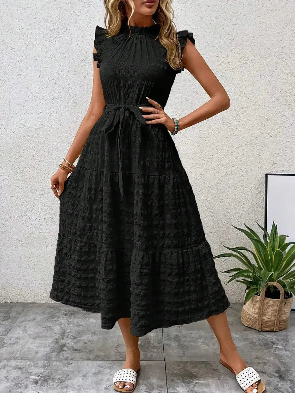 Tied Ruffled Cap Sleeve Midi Dress Trendsi