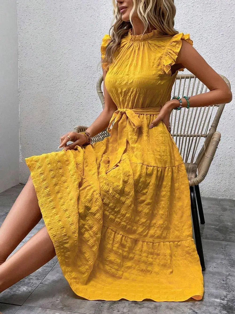 Tied Ruffled Cap Sleeve Midi Dress Trendsi