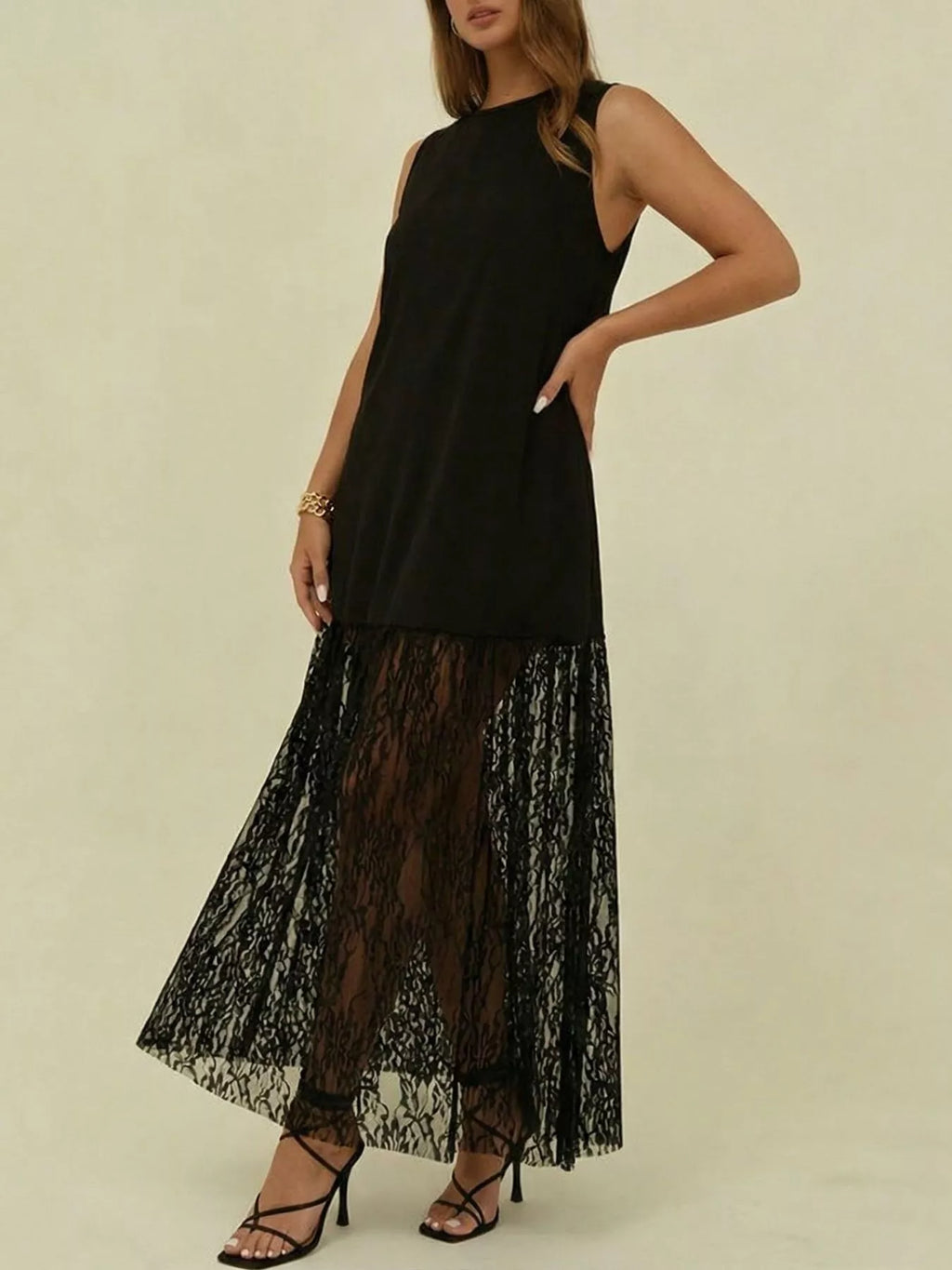 Women's Plus Size Sleeveless Lace Trim Maxi Dress
