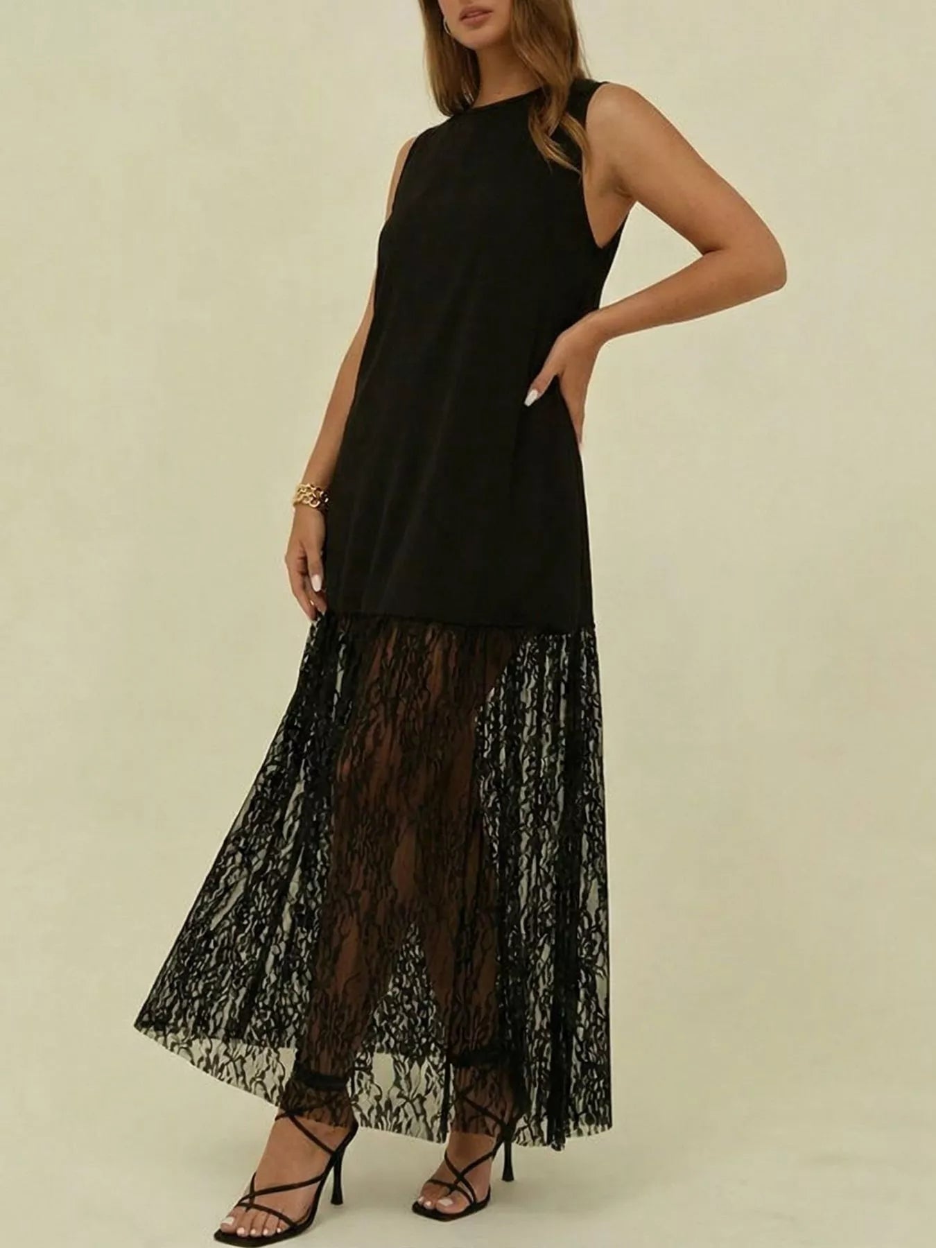 Women's Plus Size Sleeveless Lace Trim Maxi Dress