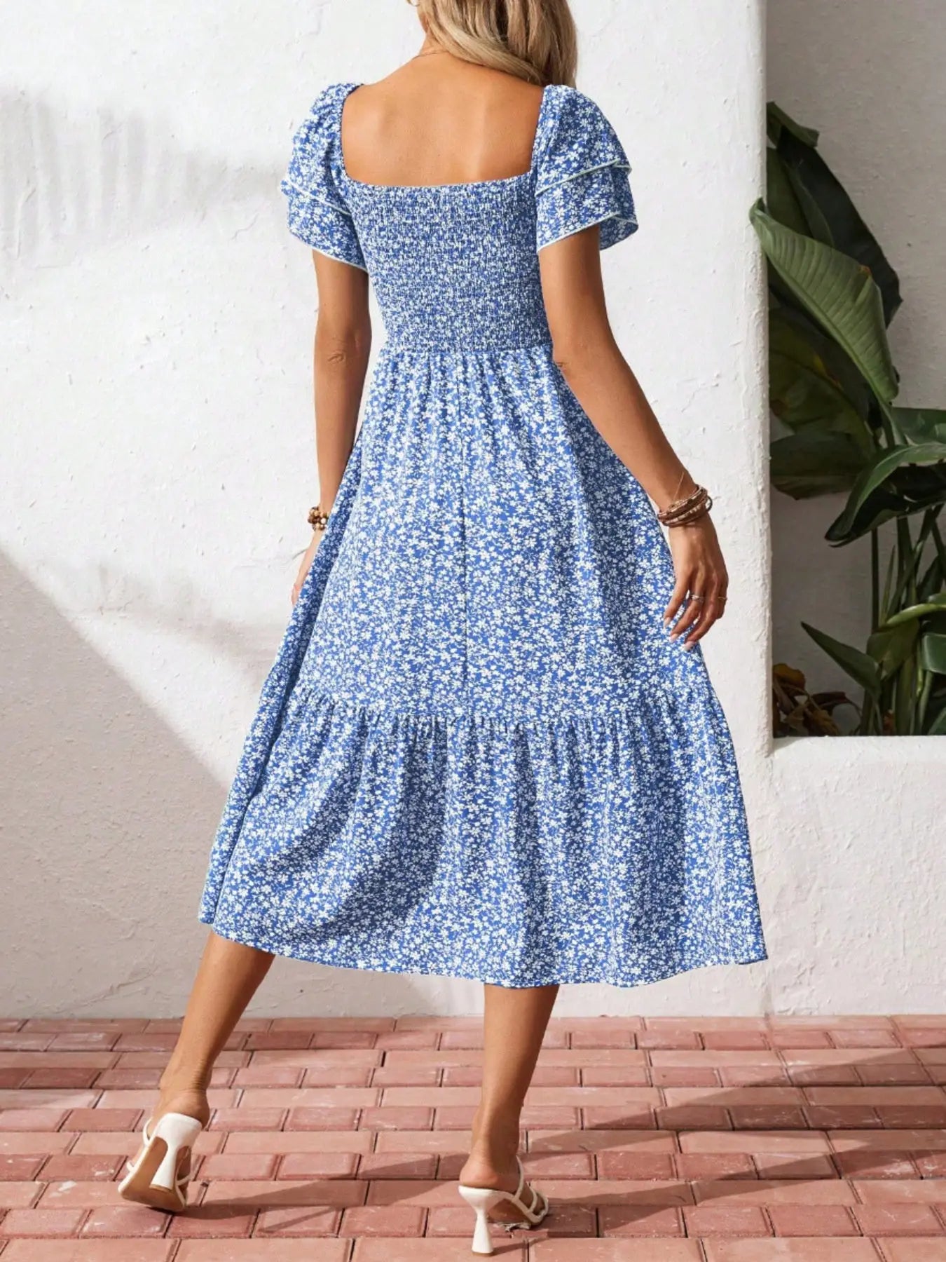 Floral Print Smocked Ruffle Sleeves Dress Trendsi