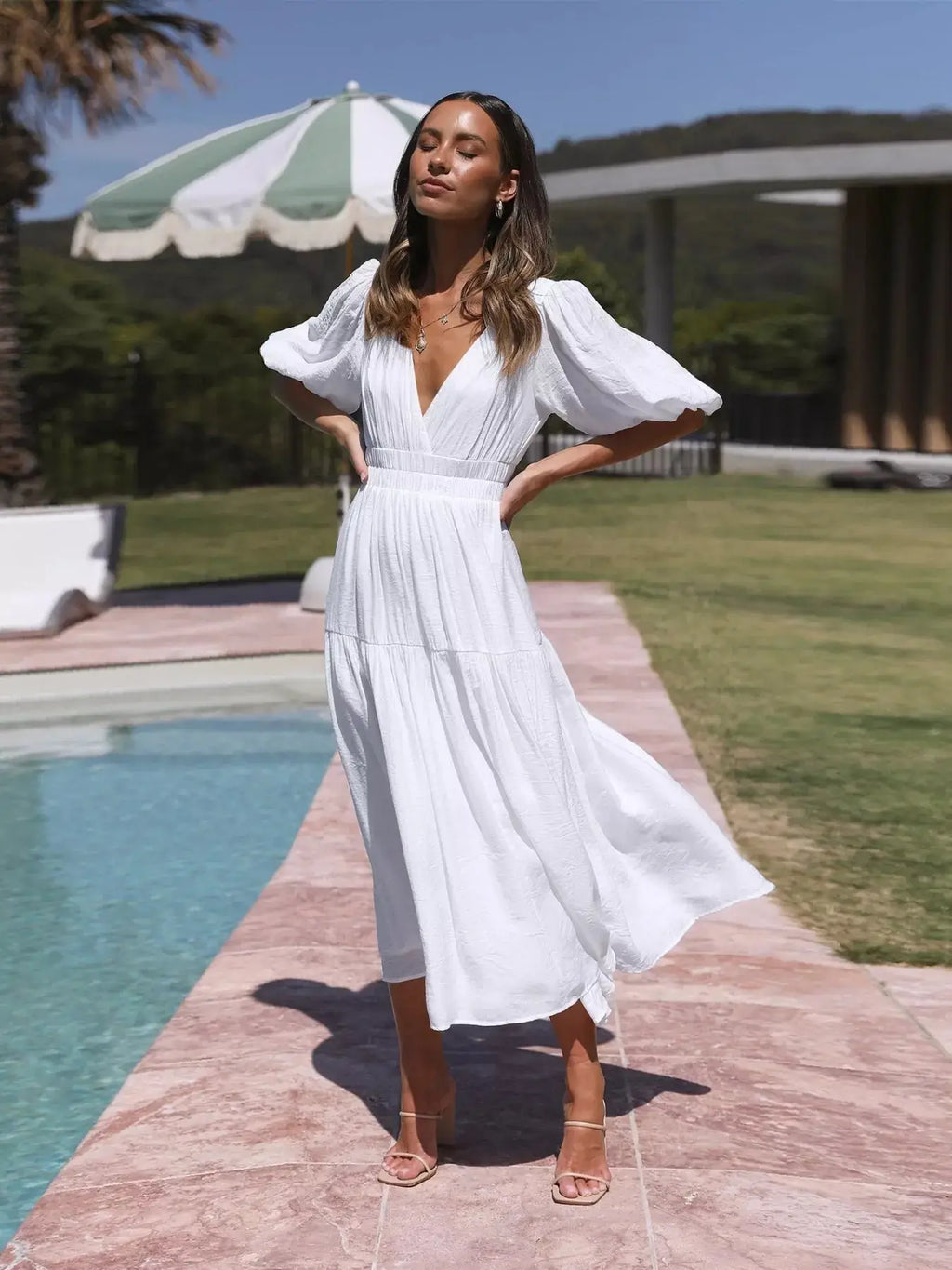 Tiered Puff Sleeve Midi Dress Trendsi