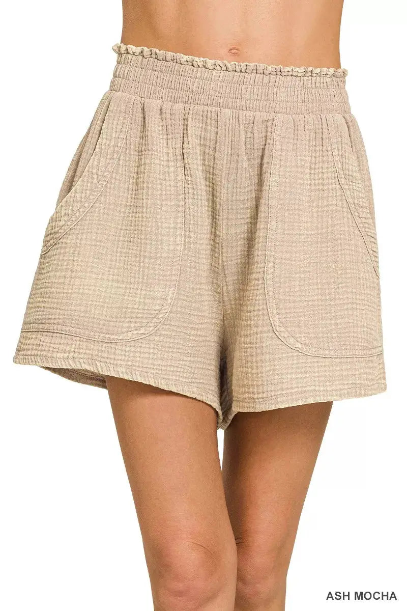 Zenana Ash Mocha Washed Double Gauze Shorts For Women Relaxed Fit — Parfymia