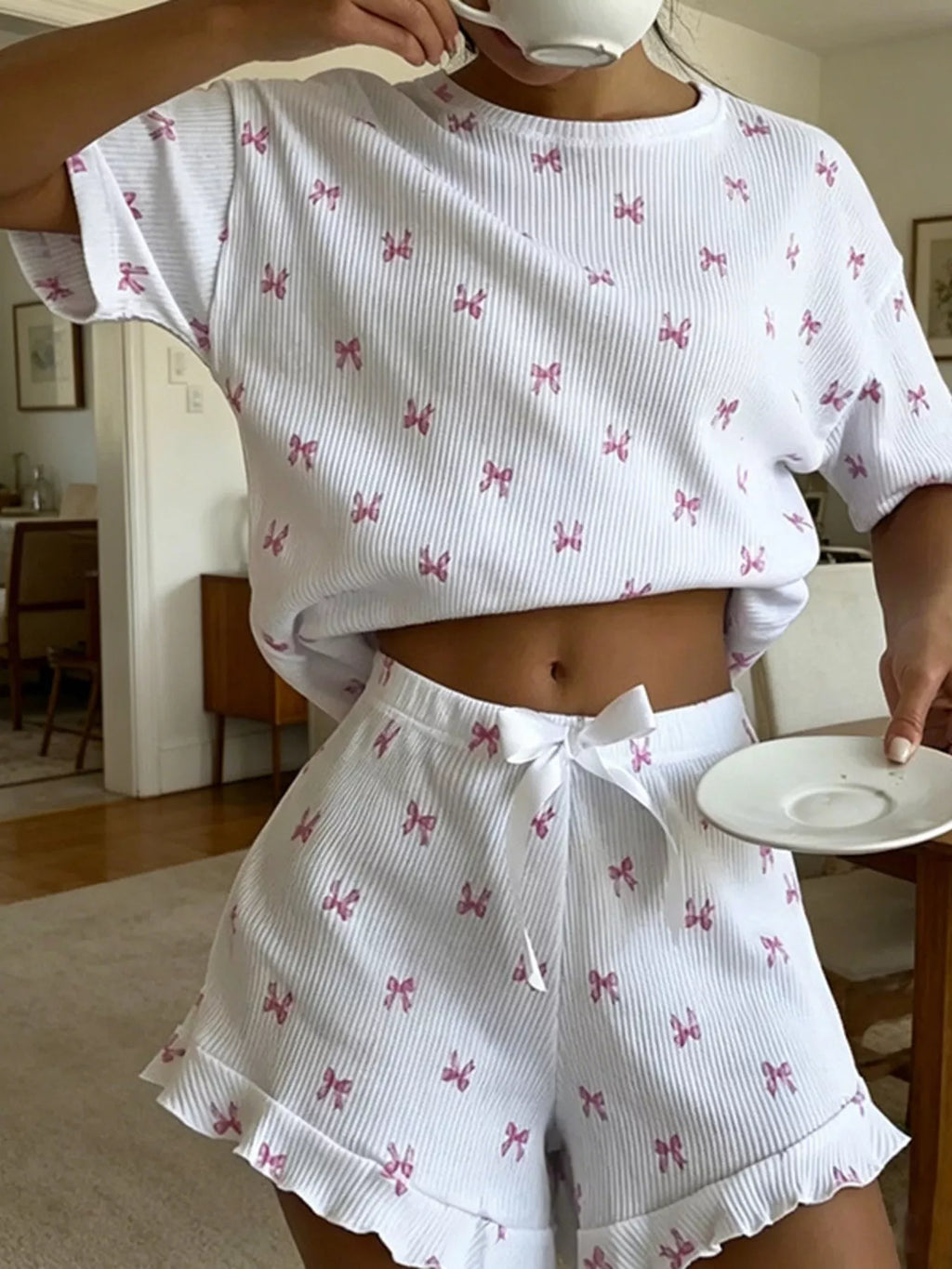 Women's Loungewear Set Ribbed Knit Bow Print