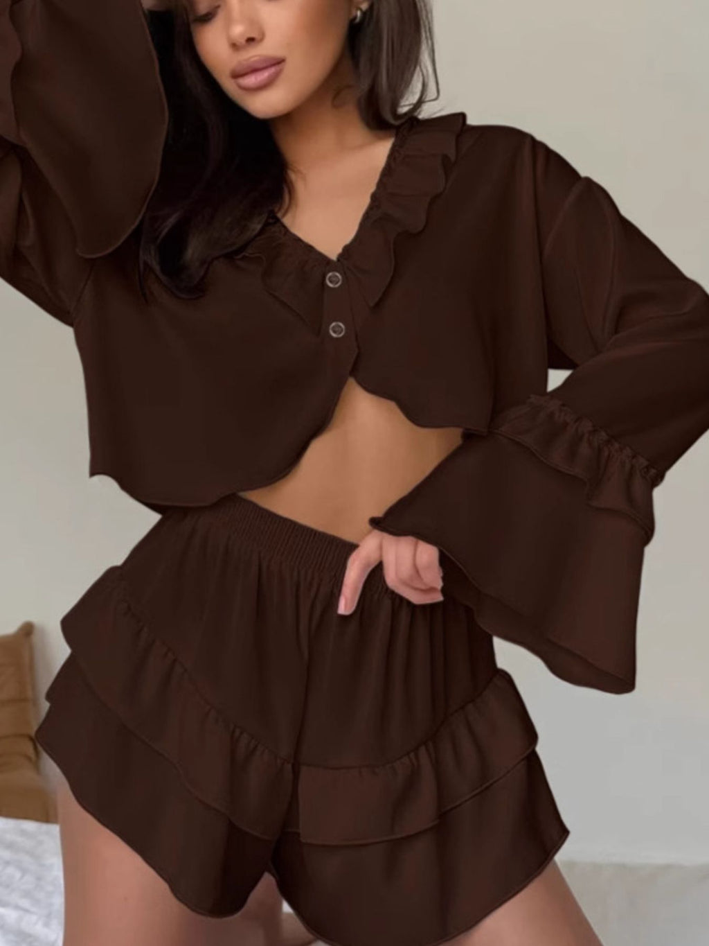 Women's Shorts Set – Ruffled V-Neck Top