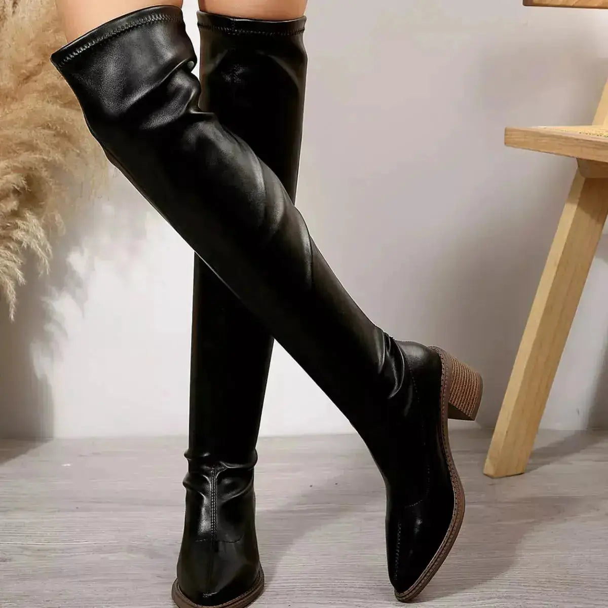PU Leather Point Toe Block Heels Boots by Parfymia