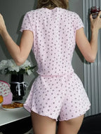 Women's Loungewear Set Heart Print Ribbed Knit