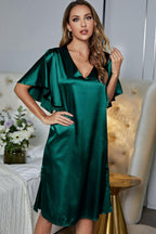 Women's Satin V-Neck Night Dress with Flutter Sleeves
