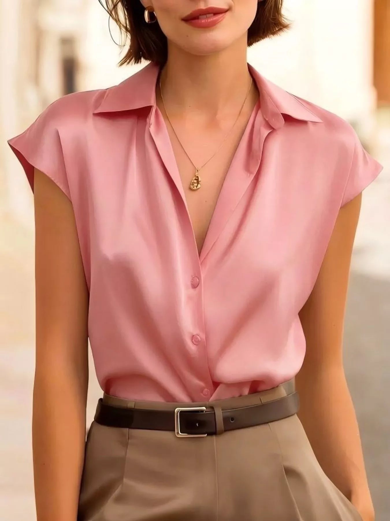 Women's Cap Sleeve Button Up Shirt