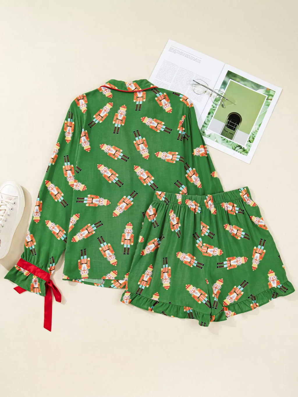 Women's Loungewear Nutcracker Button Top and Shorts Set