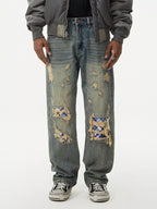 Men's Distressed Plaid Patch Wide Leg Jeans
