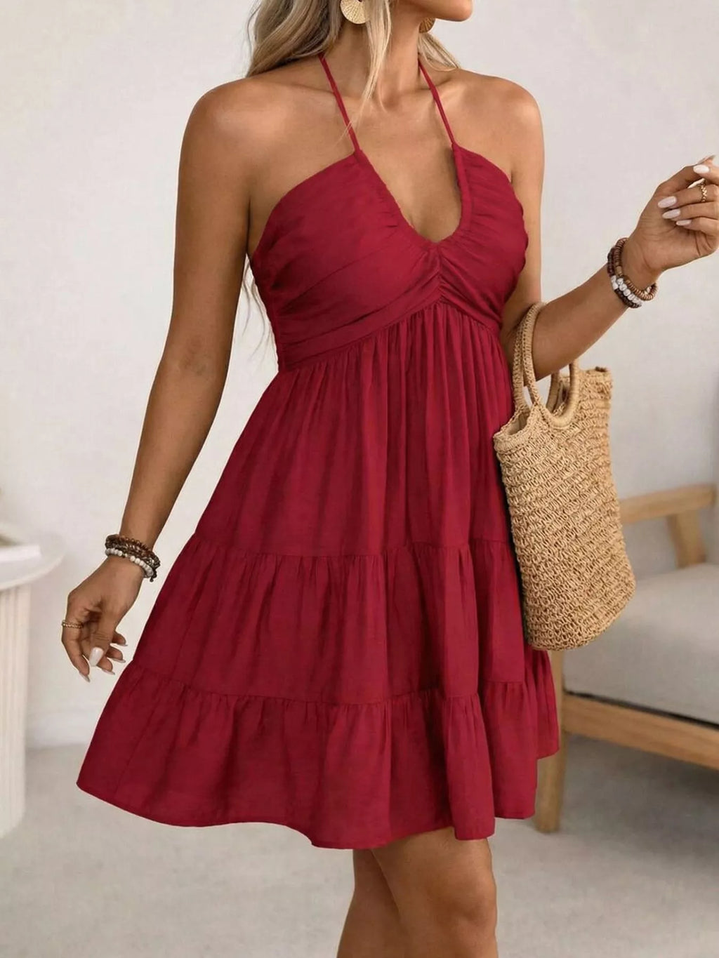 Women's Plus Size Halter Neck Tiered Ruffle Mini Dress