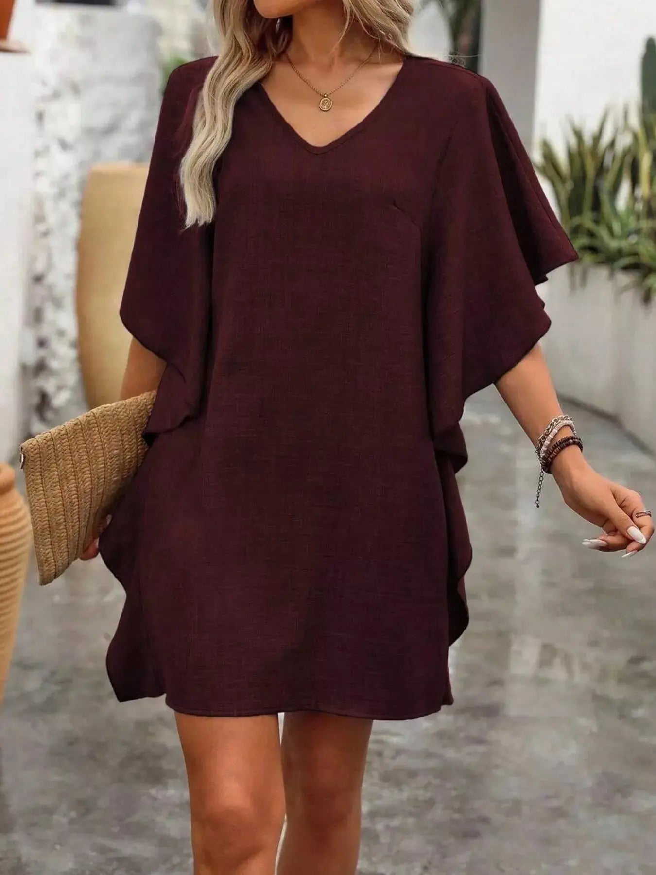 Ruffled Flutter Sleeve V-Neck Mini Dress Trendsi