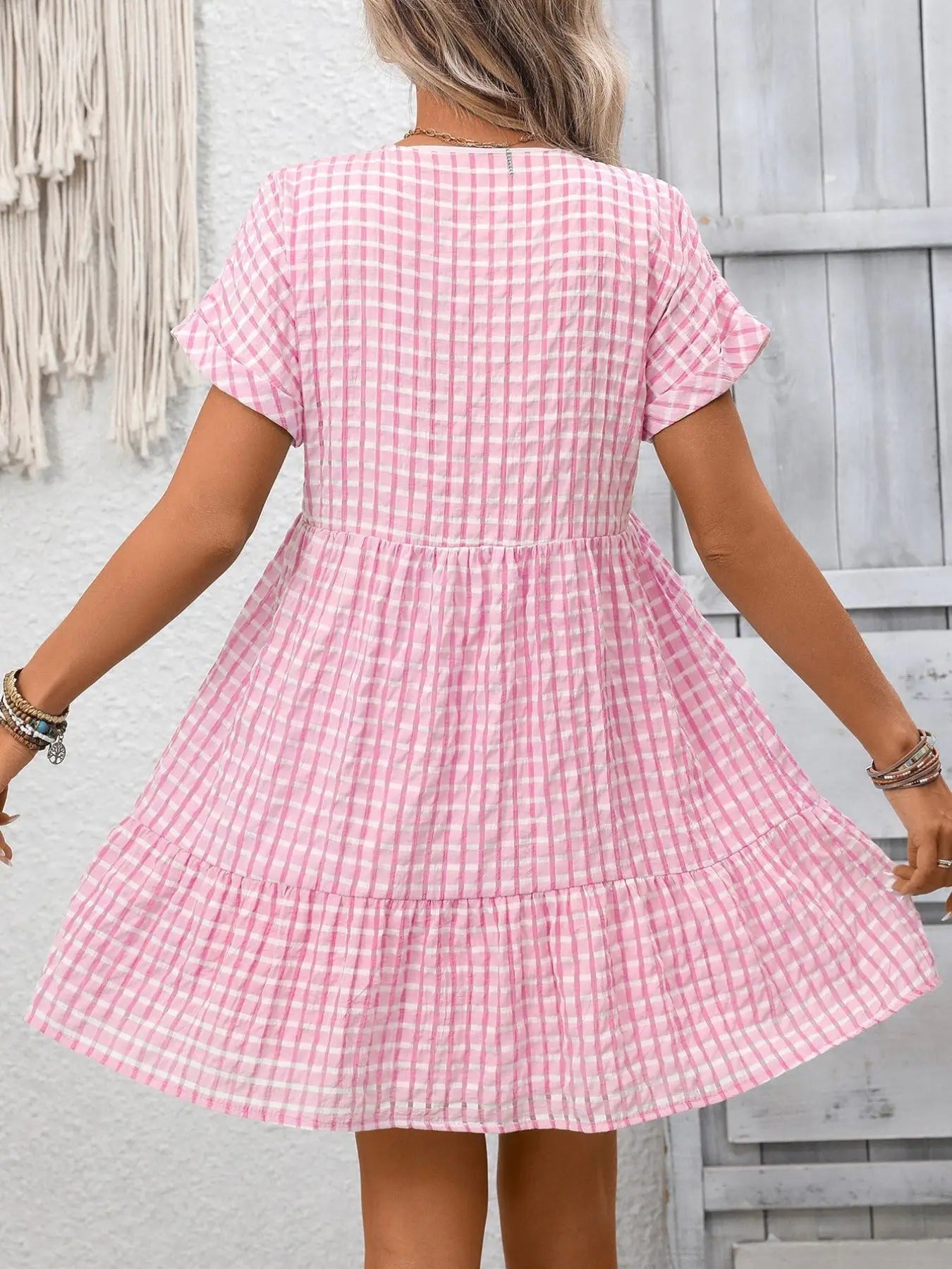 Plaid V-Neck Ruffle Hem Mini Dress Trendsi
