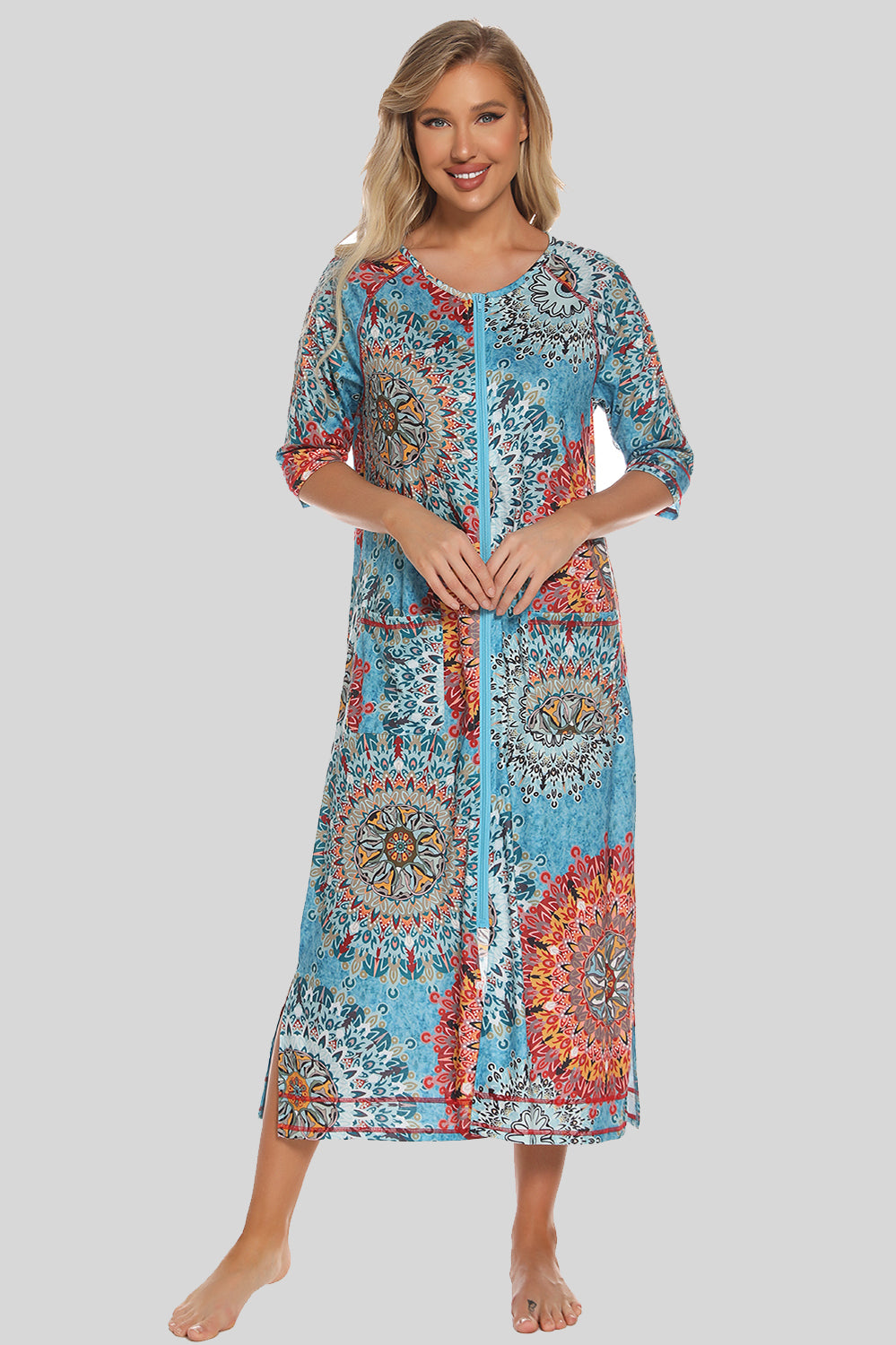 Women's Printed Slit Night Dress with Pockets