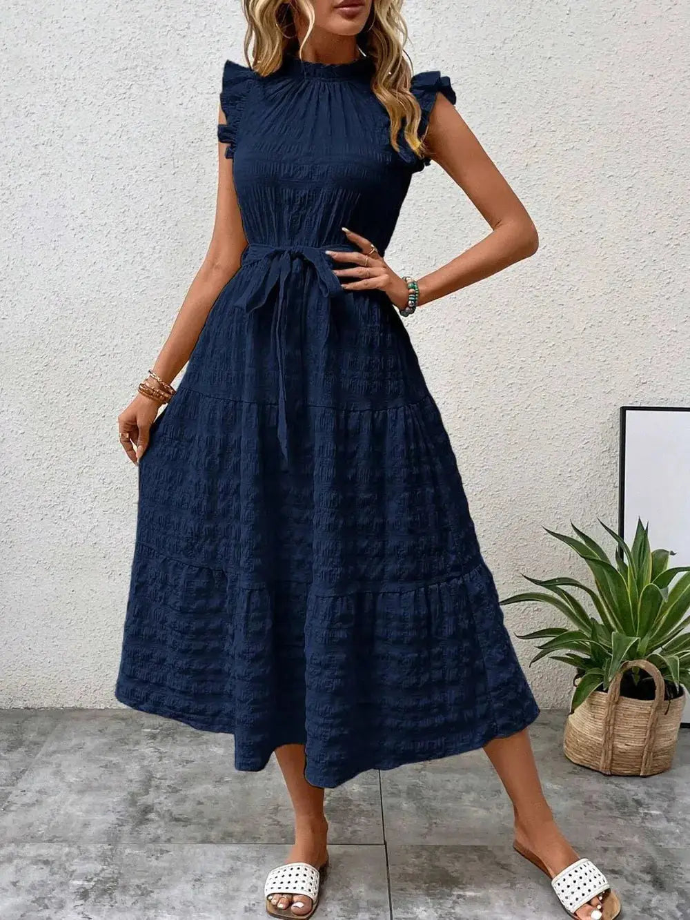 Tied Ruffled Cap Sleeve Midi Dress Trendsi