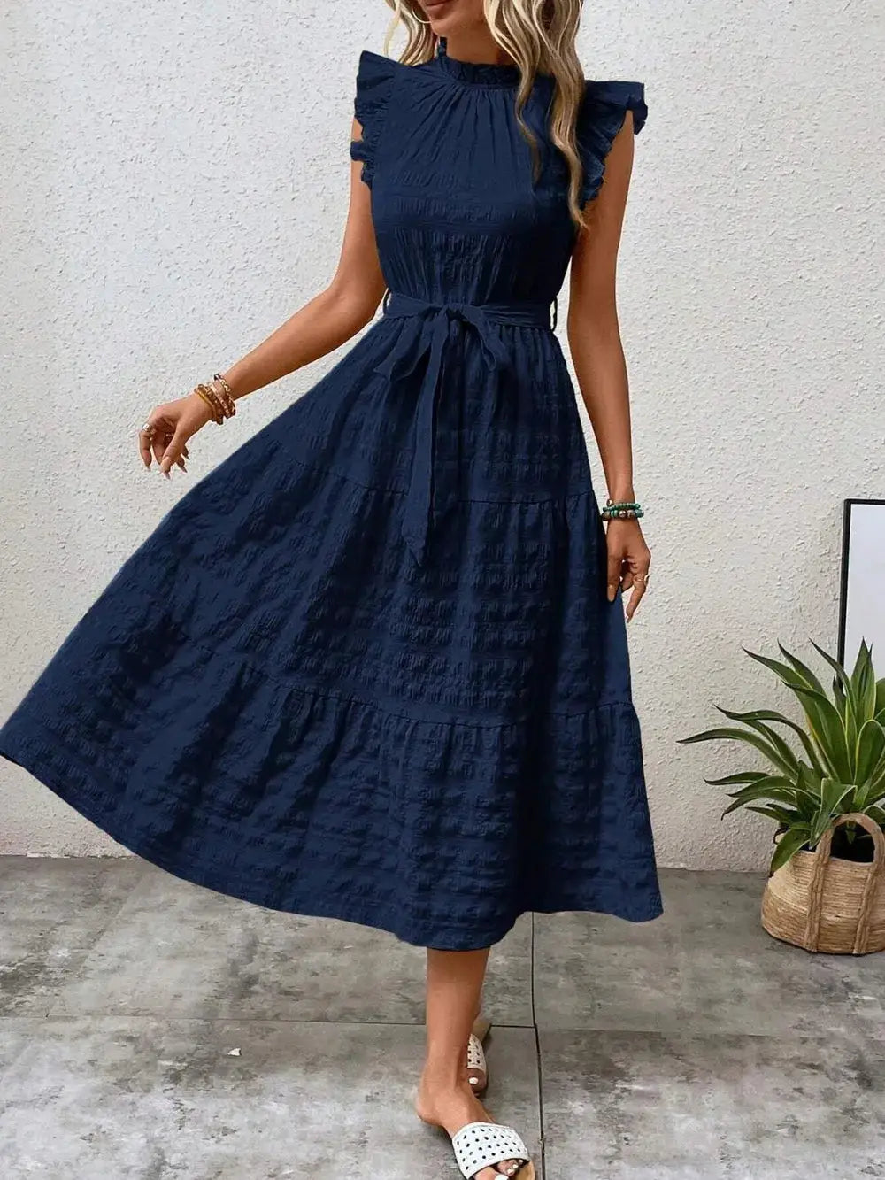 Tied Ruffled Cap Sleeve Midi Dress Trendsi