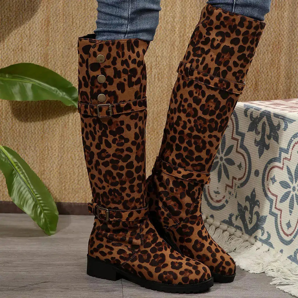 Leopard Block Heels Boots for Women in PU Leather by Parfymia