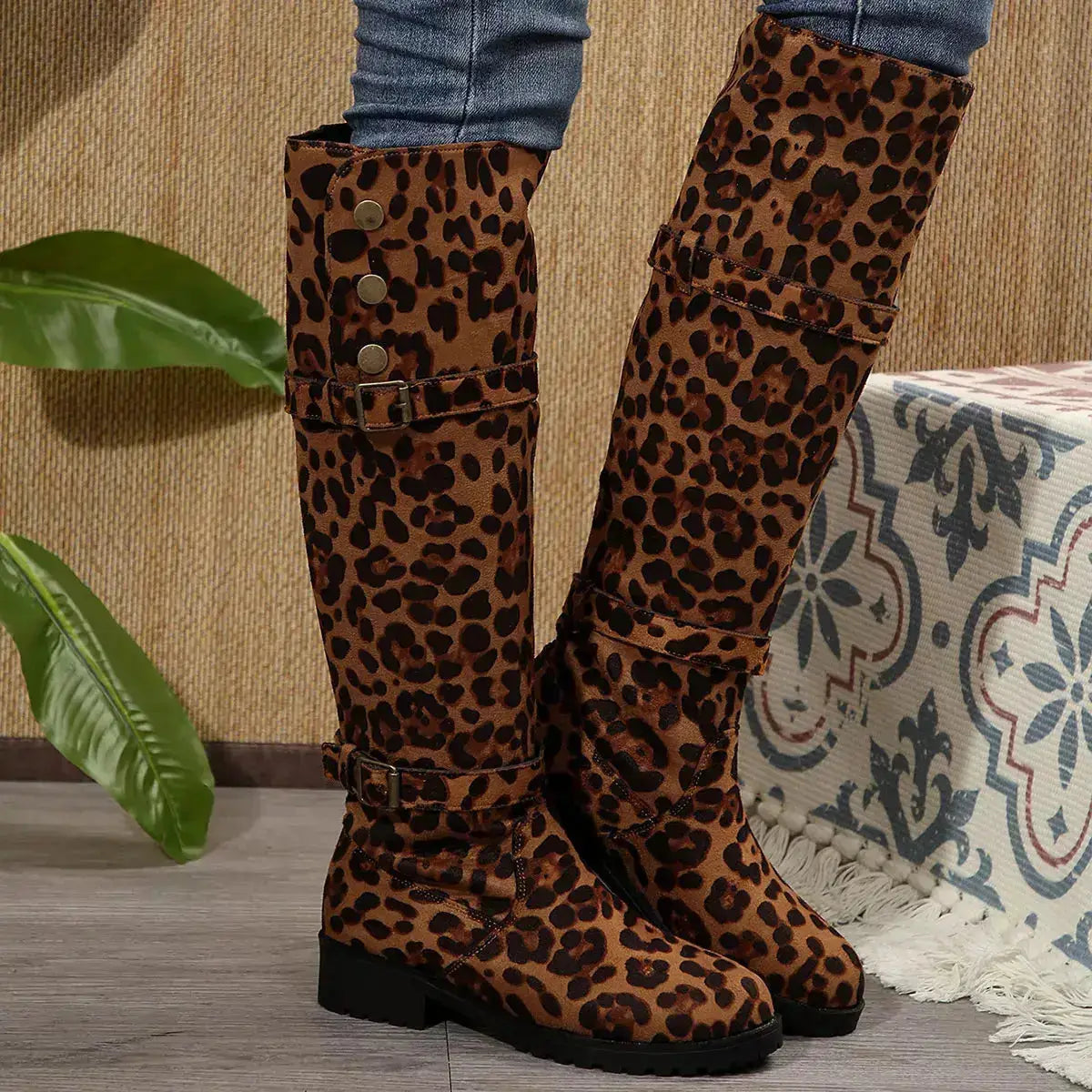Leopard Block Heels Boots for Women in PU Leather by Parfymia