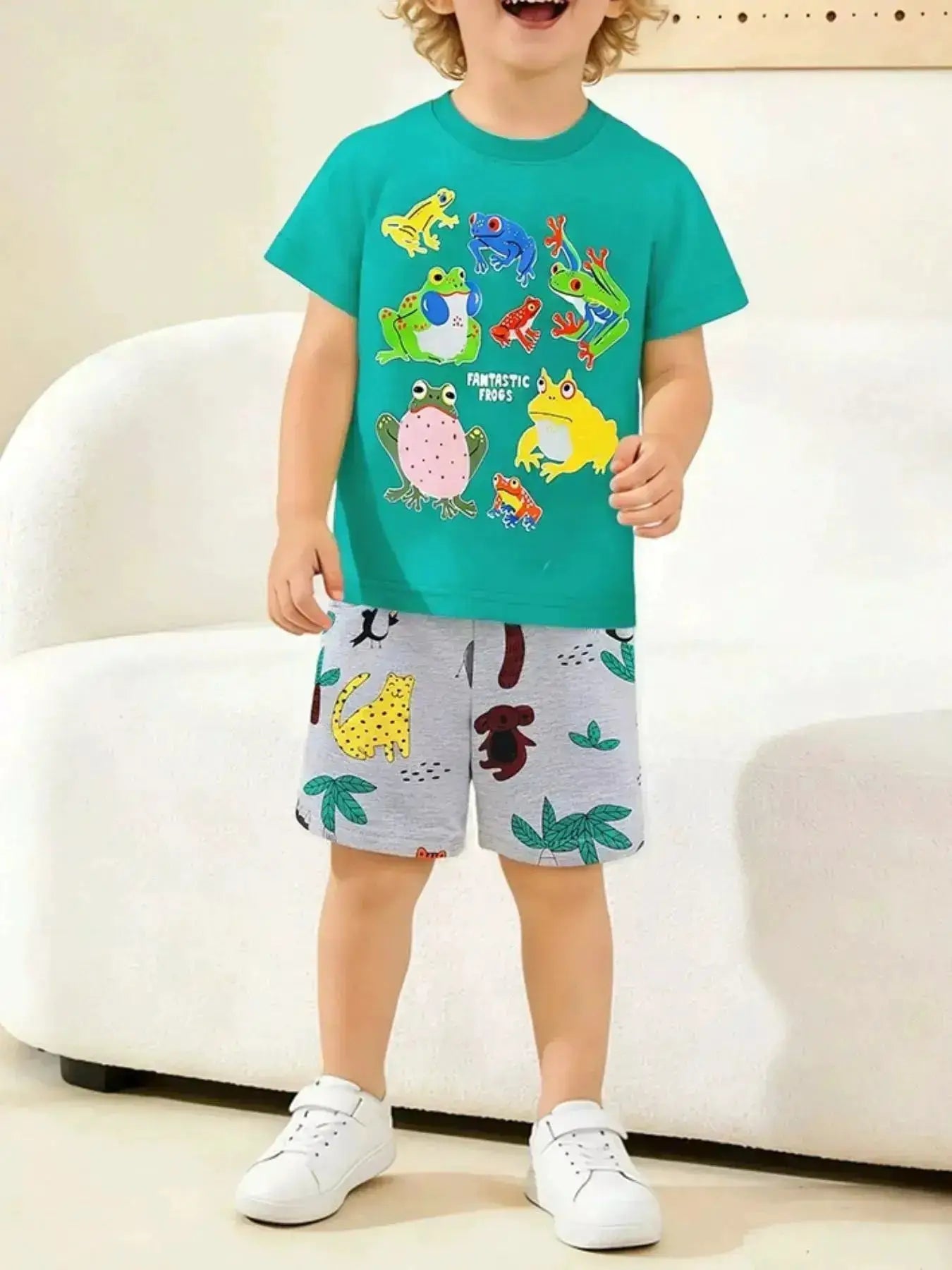 Frog Print Kids' Cotton Tee and Shorts Set by Parfymia