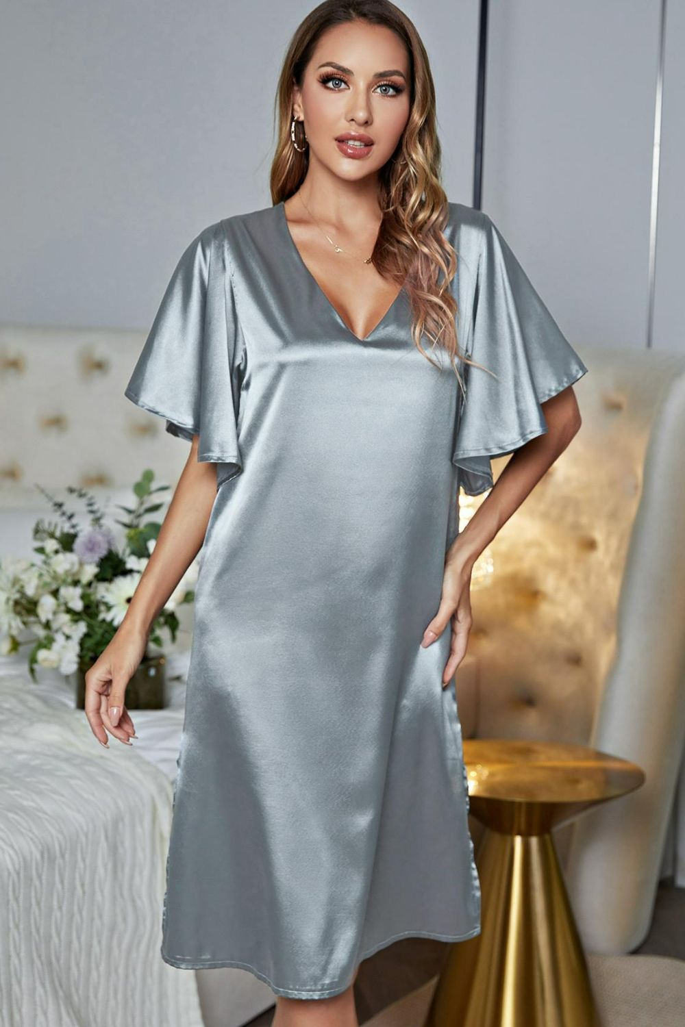 Women's Satin V-Neck Night Dress with Flutter Sleeves