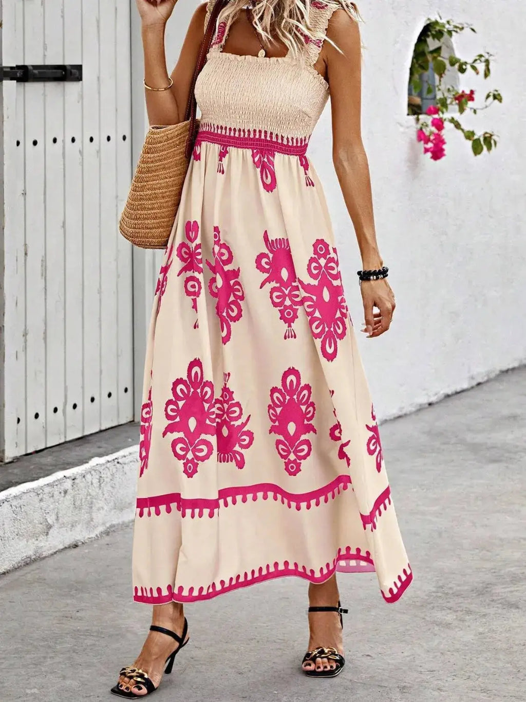 Smocked Printed Wide Strap Maxi Dress Trendsi