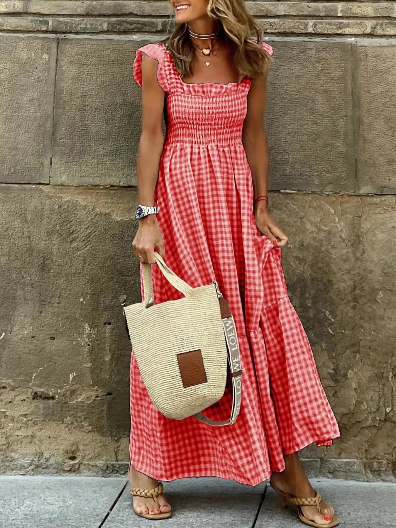 Plaid Ruffle Sleeve Maxi Dress Trendsi